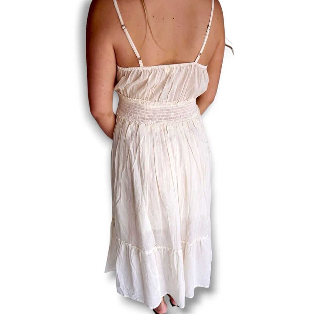 POLโBoho Embroidered Smocked Waist Midi Dress Cream Cottagecore Cami Dress NEW - Picture 8 of 16